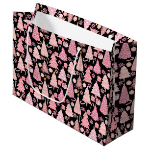 Bolsa De Regalo Grande Patrón de árboles de Navidad rosados BG negro