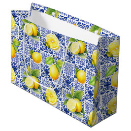 Bolsa De Regalo Grande Patrón de Baldosa de Limón Azul Blanco Mediterráne