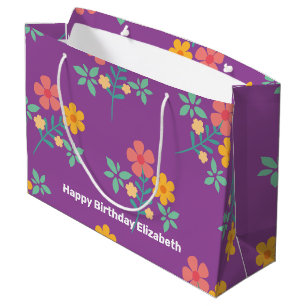 Bolsa De Regalo Grande Patrón de Bouquet de margarita retro en morado per
