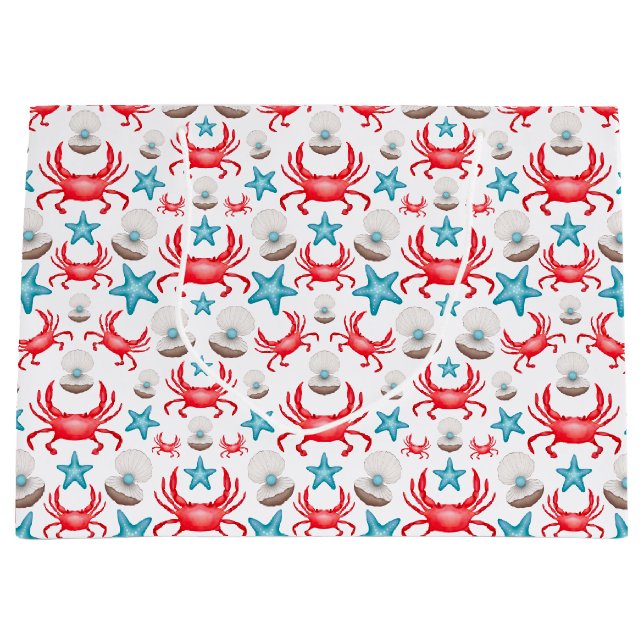 Bolsa De Regalo Grande Patrón de cangrejo y concha de la costa azul (Anverso)