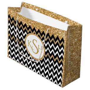 Bolsa De Regalo Grande Patrón de cheurón de Purpurina blanco y dorado neg