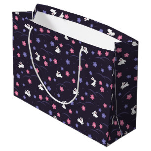 Bolsa De Regalo Grande Patrón de conejos y flores blancos