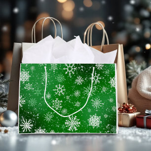 Bolsa De Regalo Grande Patrón de copos de nieve verdes Fiesta Vacaciones