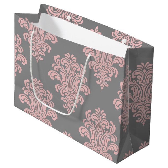 Bolsa De Regalo Grande Patrón de Damasco rosa y gris (Angulo Anverso)