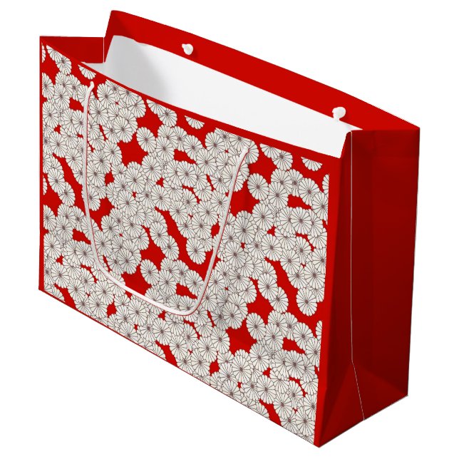 Bolsa De Regalo Grande Patrón de flores Art Deco - blanco sobre rojo (Angulo Anverso)