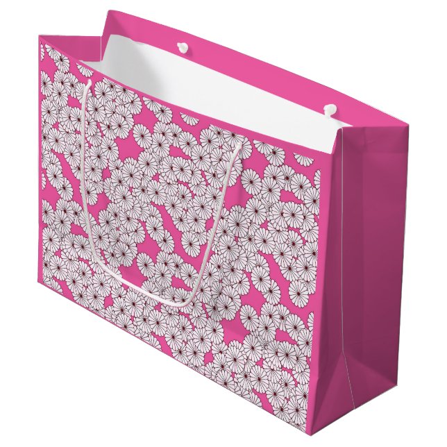 Bolsa De Regalo Grande Patrón de flores Art Deco - blanco sobre rosa (Angulo Anverso)