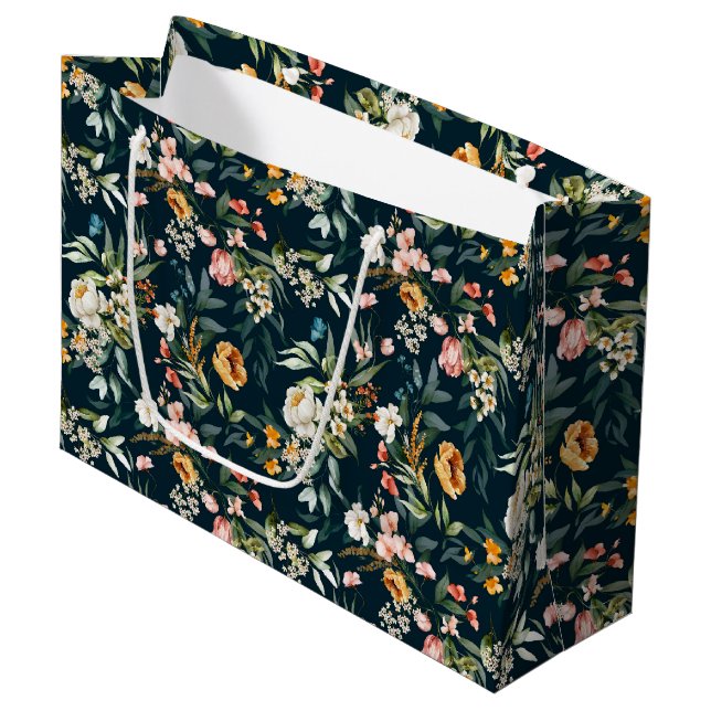 Bolsa De Regalo Grande Patrón de flores de jardín de estilo azul oscuro (Angulo Anverso)