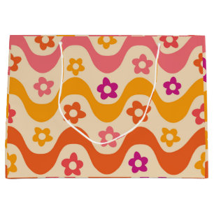 Bolsa De Regalo Grande Patrón de flores groovy lindas en ondas retro
