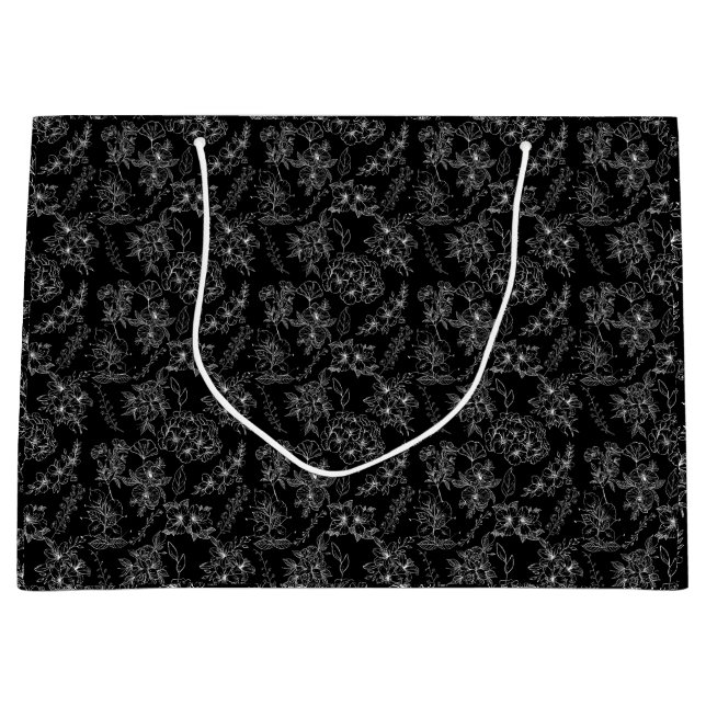 Bolsa De Regalo Grande Patrón de flores planas 01b Negro BG (Anverso)