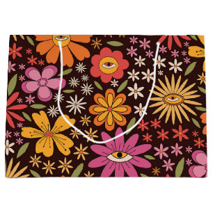 Bolsa De Regalo Grande Patrón de flores psicodélicas hippie de los 70 con