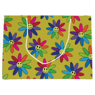 Bolsa De Regalo Grande Patrón de flores retro coloridas con caras felices