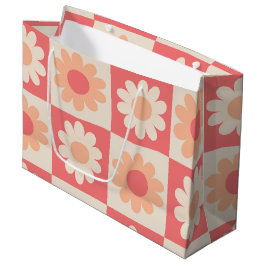 Bolsa De Regalo Grande Patrón de flores retro de melocotón a cuadros