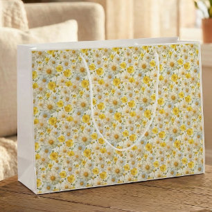 Bolsa De Regalo Grande Patrón de flores silvestres acuarela amarilla