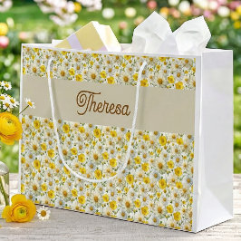 Bolsa De Regalo Grande Patrón de flores silvestres amarillas con monogram