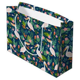Bolsa De Regalo Grande Patrón de flores tropicales coloridas pelícanas