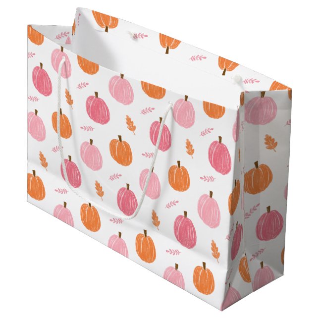 Bolsa De Regalo Grande Patrón de hojas de calabaza rosa Naranja otoño (Angulo Anverso)