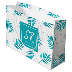Bolsa De Regalo Grande Patrón de hojas tropicales azul-verde