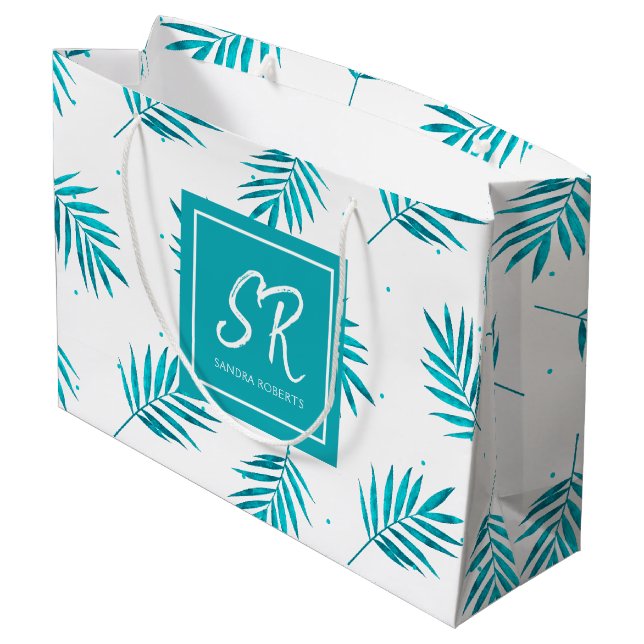 Bolsa De Regalo Grande Patrón de hojas tropicales azul-verde (Angulo reverso)