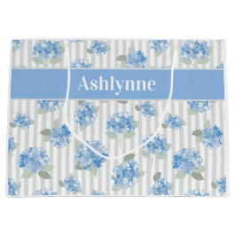 Bolsa De Regalo Grande Patrón de Hortensia Azul Elegante Nombre de Franja
