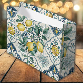 Bolsa De Regalo Grande Patrón de limón de azulejo azul francés campestre