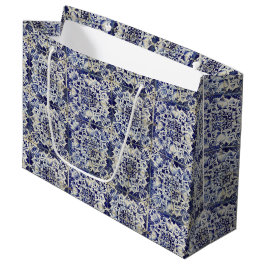 Bolsa De Regalo Grande Patrón de mosaico blanco azul geométrico vintage