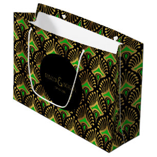 Bolsa De Regalo Grande Patrón de oro y verde Art Deco sobre negro