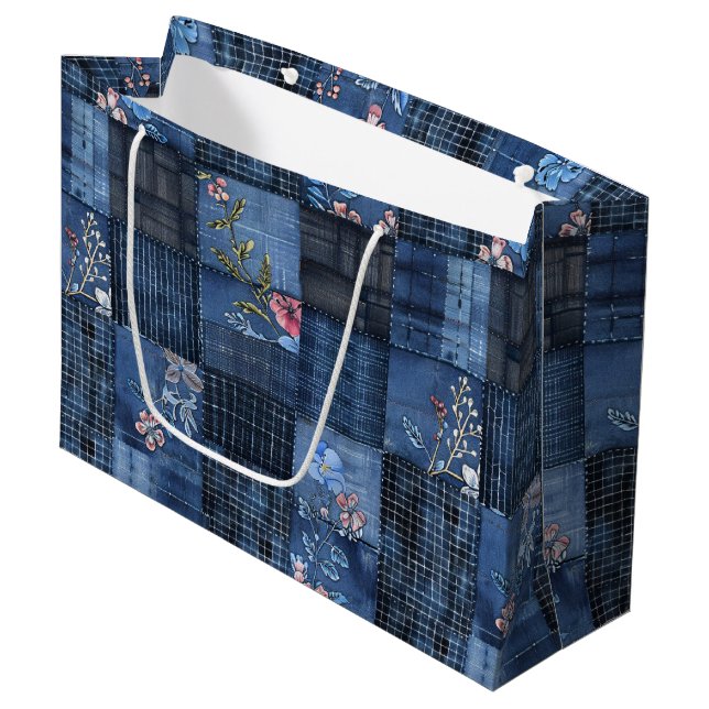 Bolsa De Regalo Grande Patrón de patchwork floral índigo | Denim boho (Angulo Anverso)