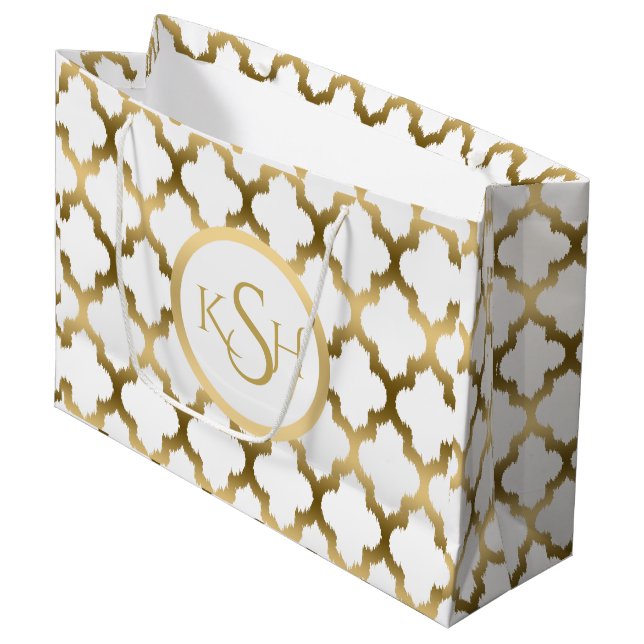 Bolsa De Regalo Grande Patrón de quatrefoil blanco y dorado moderno (Angulo Anverso)