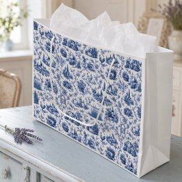 Bolsa De Regalo Grande Patrón de rama de rosa campestre Toile francesa az