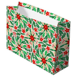 Bolsa De Regalo Grande Patrón de vacaciones botánicas Holly y Poinsettia