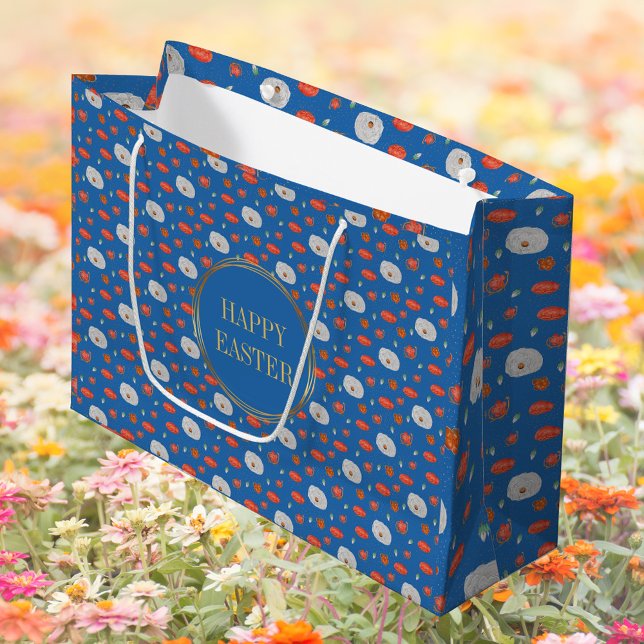 Bolsa De Regalo Grande Patrón floral azul primavera cristiano feliz Pascu (Spring Blue Watercolor Floral Pattern Religious Christian Catholic Happy Easter Gift Bag)
