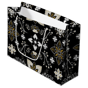 Bolsa De Regalo Grande Patrón floral blanco y negro ornamentado