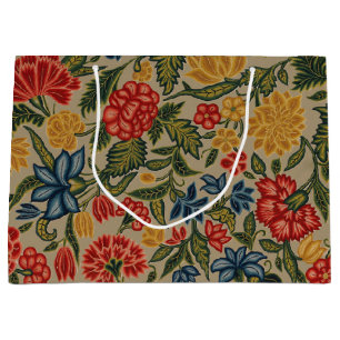 Bolsa De Regalo Grande Patrón Floral de Crewel Rojo y Dorado Antiguo