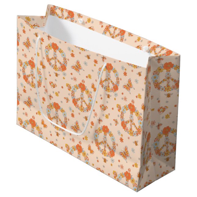 Bolsa De Regalo Grande Patrón floral de paz naranja (Angulo Anverso)