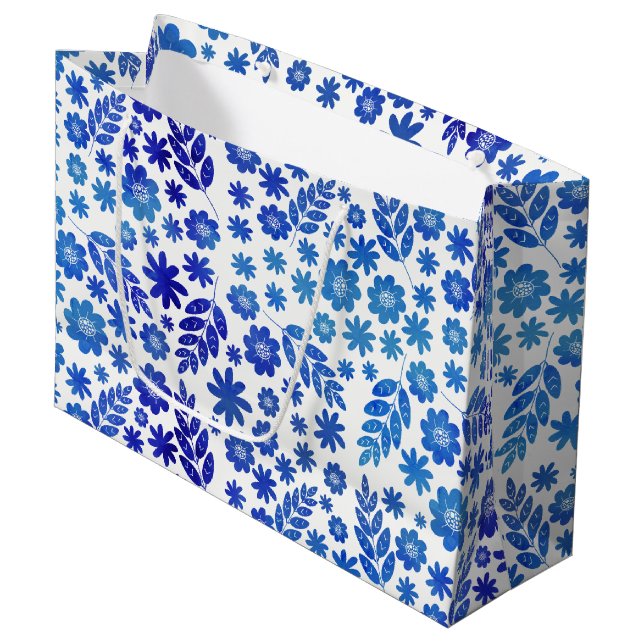 Bolsa De Regalo Grande Patrón floral dibujado con la mano de China azul (Angulo Anverso)