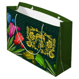 Bolsa De Regalo Grande Patrón Floral Dorado Ornate sobre Verde Oscuro