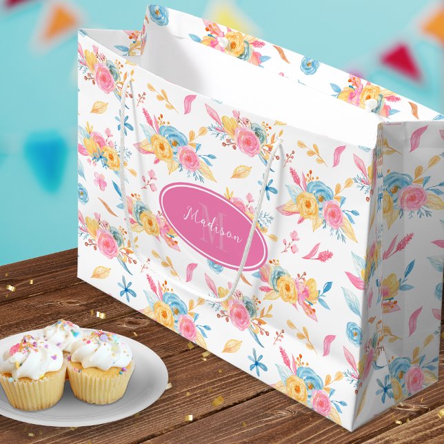 Bolsa De Regalo Grande Patrón floral rosa bonito monogramado (Subido por el creador)