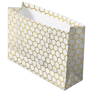 Bolsa De Regalo Grande Patrón geométrico del hexágono blanco y dorado