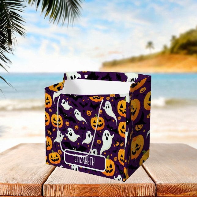 Bolsa De Regalo Grande Patrón Halloween Nombre Bats Ghost Scary Fun Fiest (Halloween Pattern Name Bats Ghost Scary Fun Party Large Gift Bag)