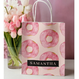 Bolsa De Regalo Grande Patrón moderno de donas acuarela rosadas con nombr
