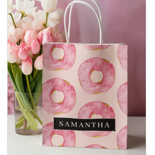 Bolsa De Regalo Grande Patrón moderno de donas acuarela rosadas con nombr