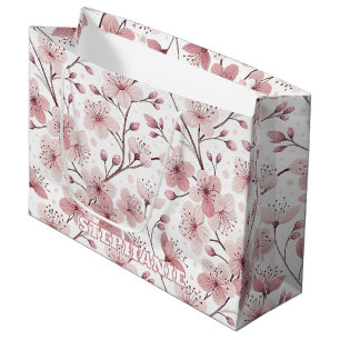 Bolsa De Regalo Grande Patrón Sakura de flores de cerezo rosa en blanco (