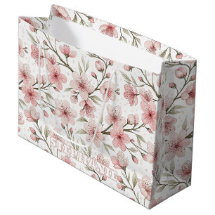 Bolsa De Regalo Grande Patrón Sakura de flores de cerezo rosa en blanco (