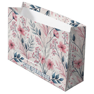 Bolsa De Regalo Grande Patrón Sakura de flores de cerezo rosa en blanco (