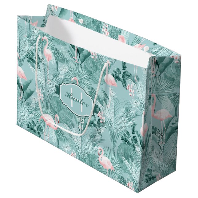 Bolsa De Regalo Grande Patrón tropical de Orquídea Flamingo ID868 Verde a (Angulo Anverso)