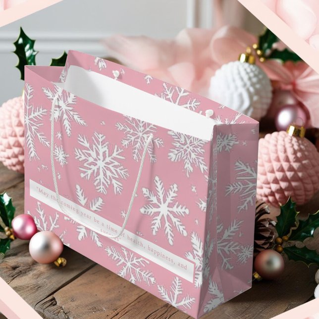 Bolsa De Regalo Grande Patrones elegantes de copos de nieve rosa y blanco (Elegant Pink and White Snowflakes patterns Large Gift Bag)