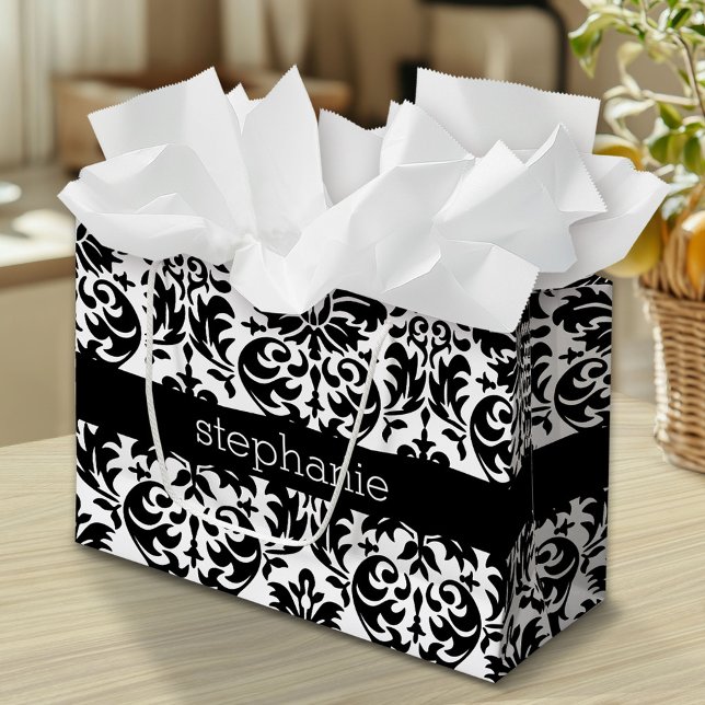 Bolsa De Regalo Grande Patrones elegantes de damasco con negro y blanco (Custom Gift Bag)