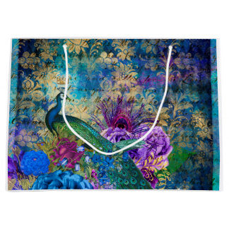 Bolsa De Regalo Grande Pavo real coronado en floral azul morado