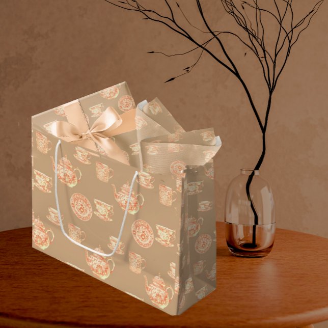 Bolsa De Regalo Grande  Peach White Ecru Chinoiserie Teapots Cups (Peach Chinoiserie on ecru background, simple elegance.)