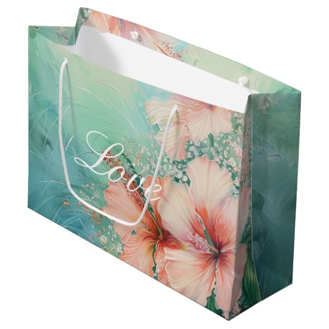 Bolsa De Regalo Grande Peach White Hibiscus Floral Love (Angulo Anverso)